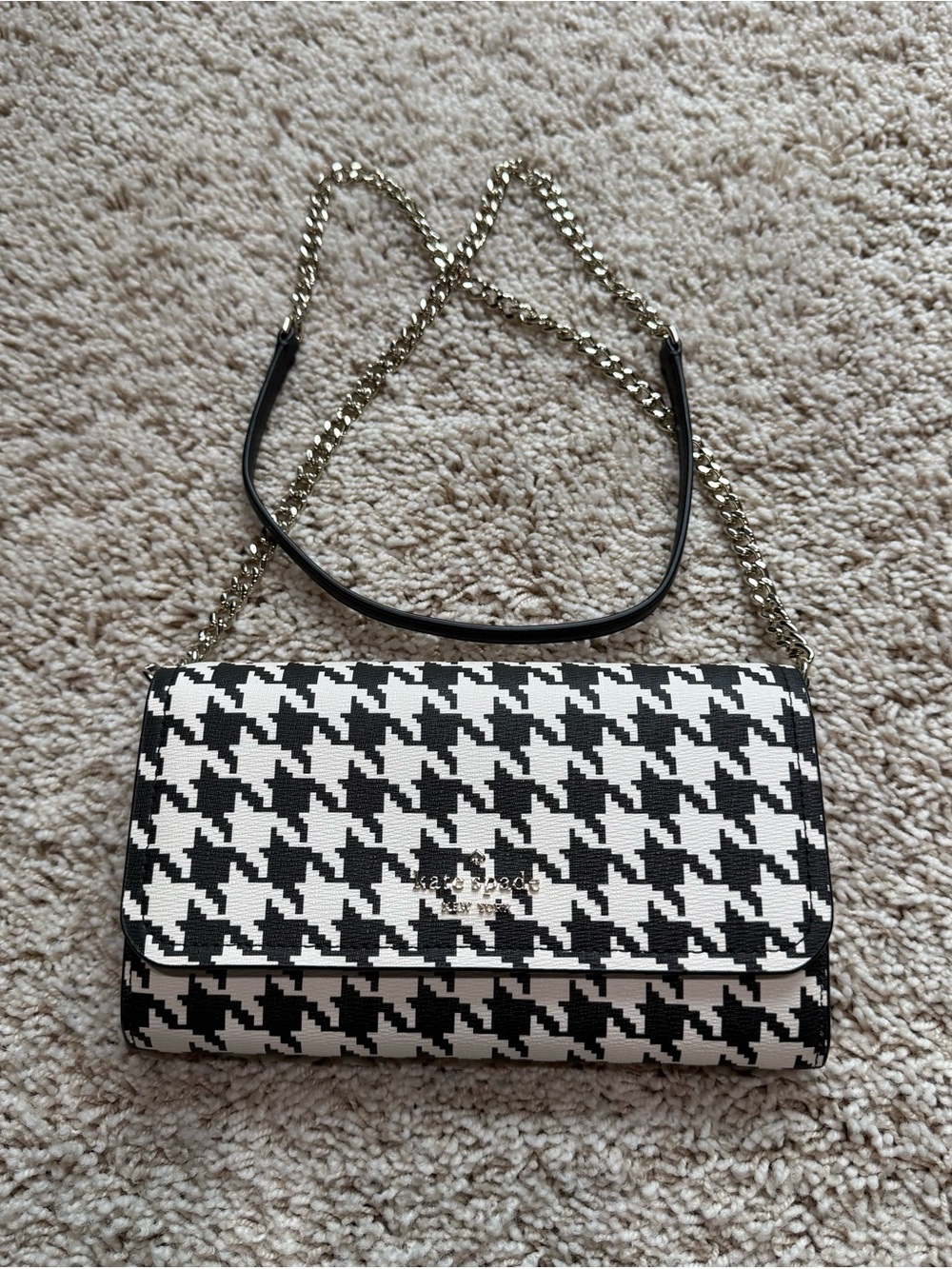 Kate Spade Black & White Houndstooth Chain Crossbody Purse